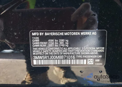 2021 BMW 330I z USA, uszkodzony, nr VIN 3MW5R1J00M8B71016